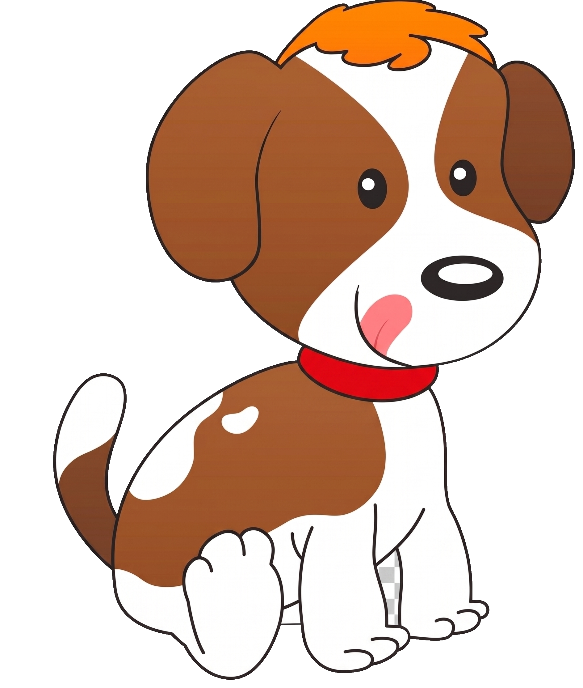 Logo de la marca. Un perro sentado blanco,marron y naranja